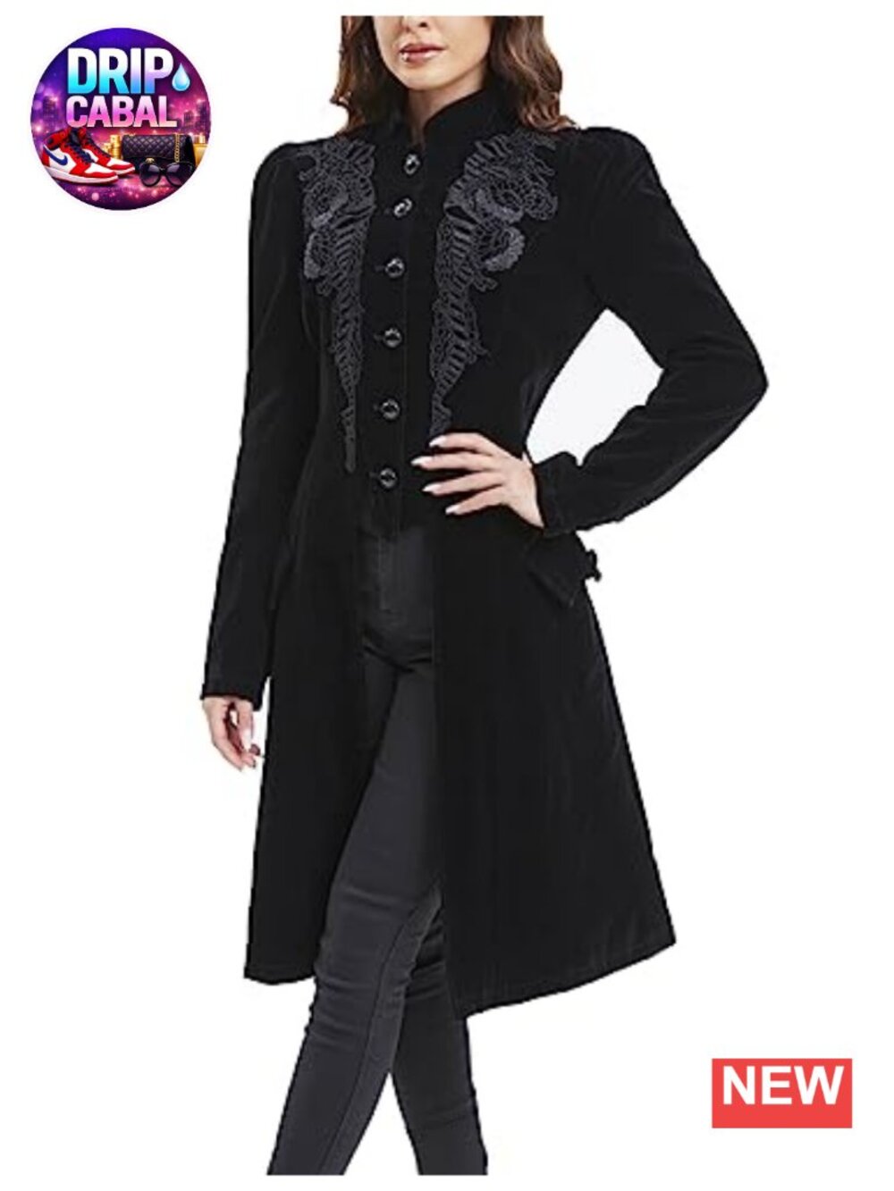Velvet Gothic Victorian Steampunk Frock Coat Embroidered Lace Jacket